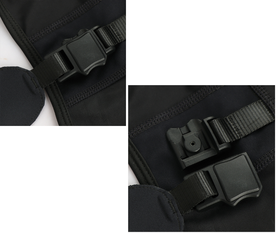Bib buckle, magnetic, detachable fastener on bib shorts and leggings.