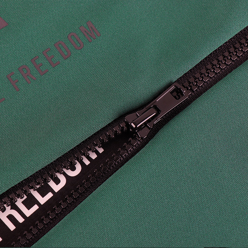 High collar, black YKK zip on men's green long sleeve thermal jersey. Feel the Freedom hidden message.