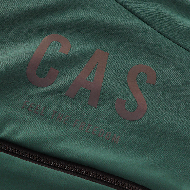 CAS Feel the Freedom grey to colour reflective logo. Men's green long sleeve thermal jersey.