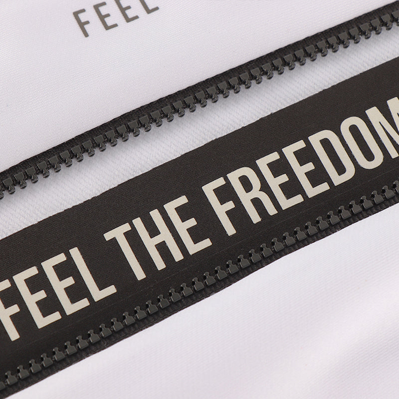 Men's white long sleeve thermal jersey. Close up black YKK zip. Feel the freedom hidden message.