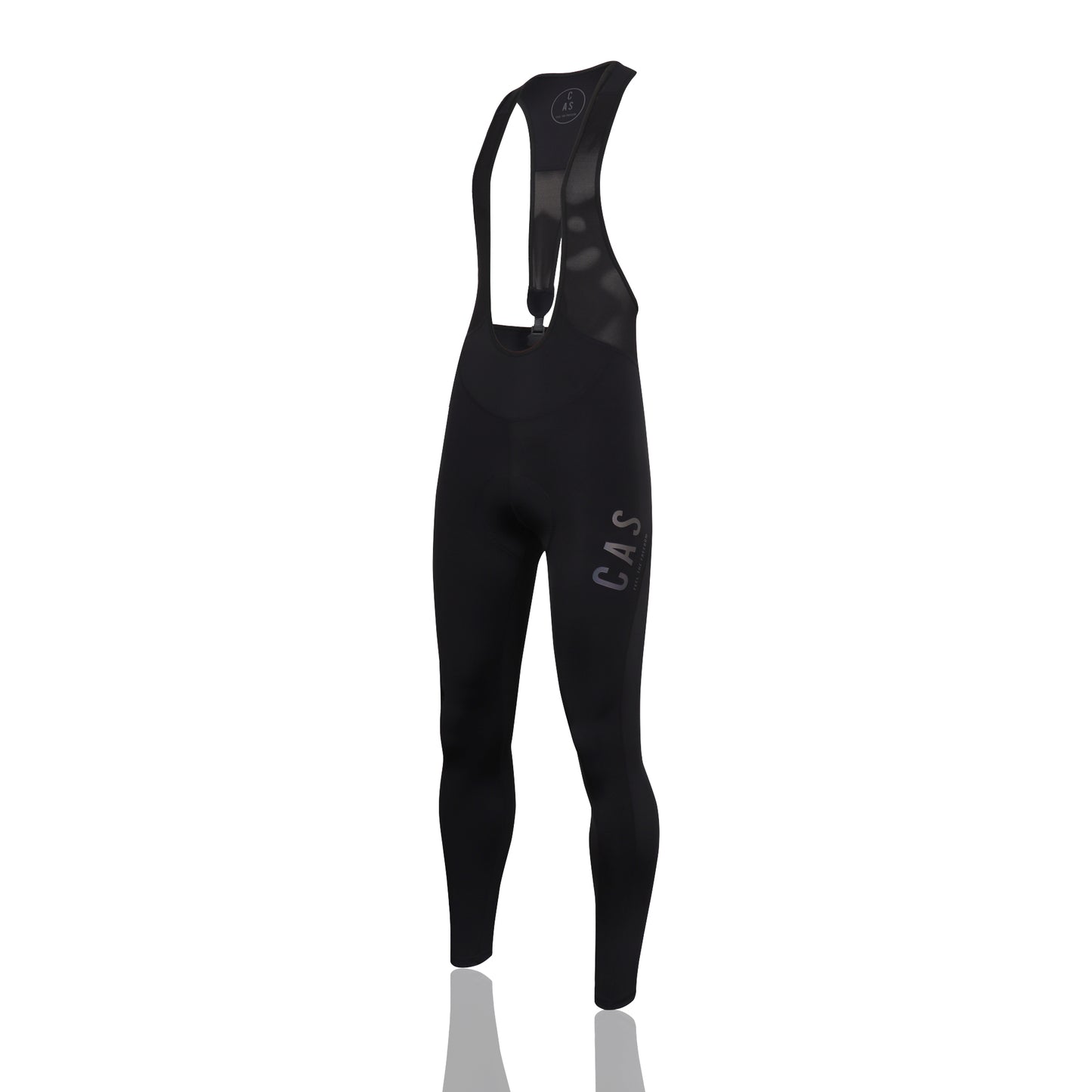Men's black magnetic buckle bib leggings. CAS Feel the Freedom reflective logo.