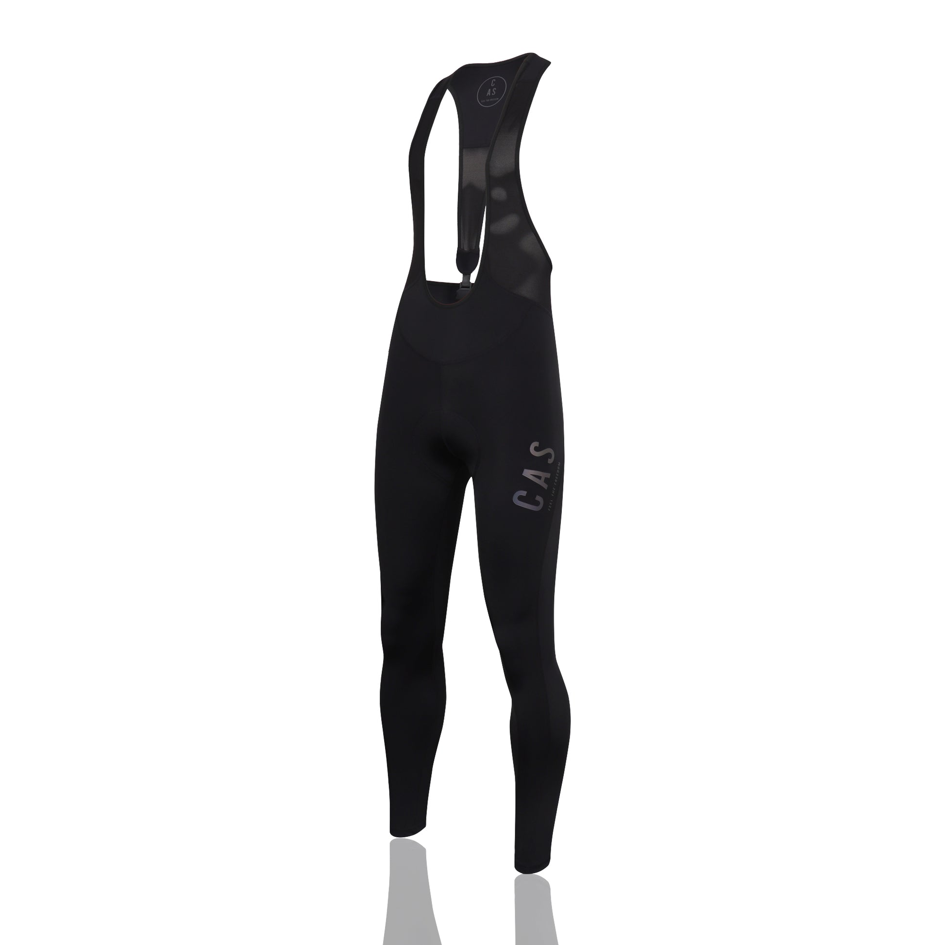 Men's black magnetic buckle bib leggings. CAS Feel the Freedom reflective logo.