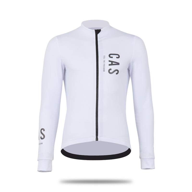 Men's white long sleeve thermal jersey. Full YKK Zip, black to colourful reflective CAS Feel the Freedom logos.