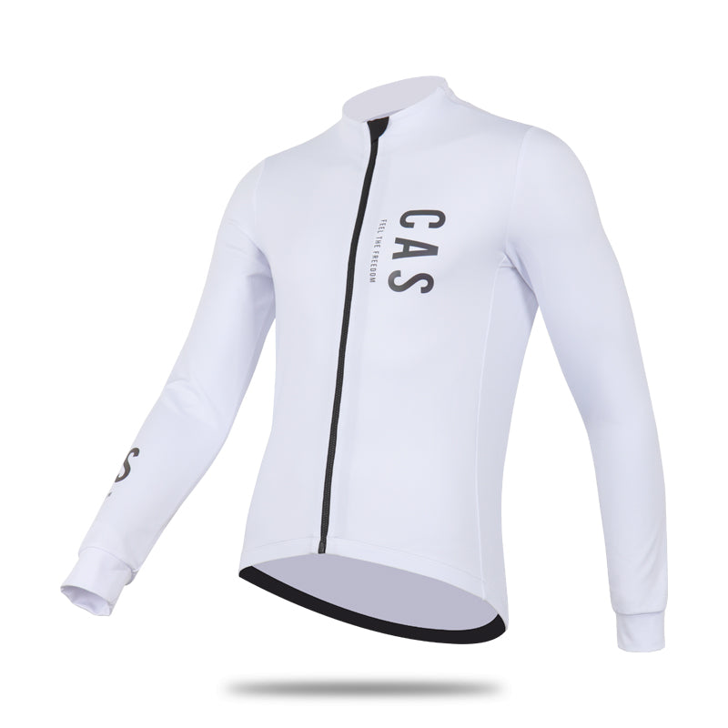 Men's white long sleeve thermal jersey. Full YKK Zip, black to colourful reflective CAS Feel the Freedom logos.