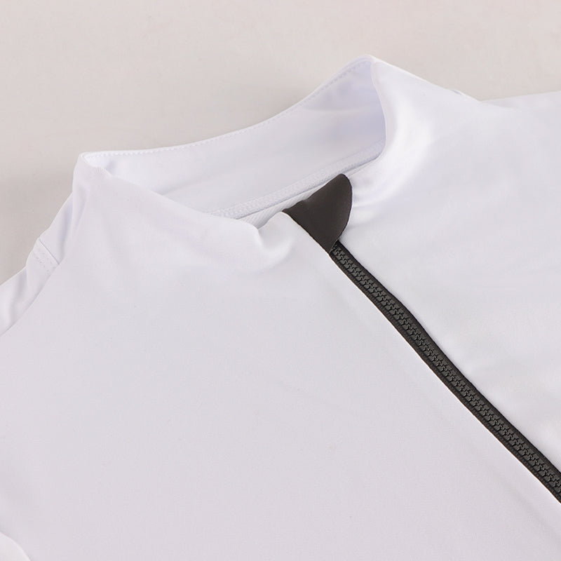 Men's high collar white long sleeve thermal jersey, full black YKK zip.