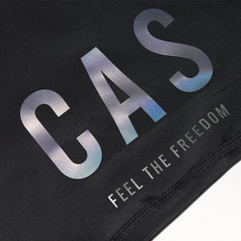 Black bib leggings, CAS Feel the Freedom grey to colourful reflective logo.