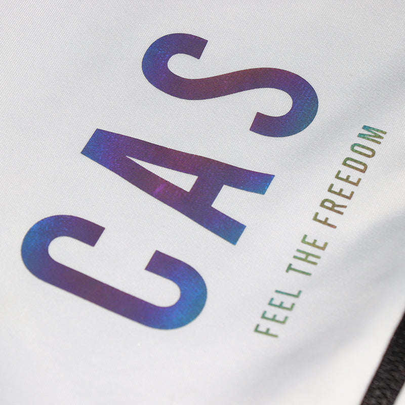 CAS Feel the Freedom colourful reflective logo. Men's white long sleeve thermal jersey.