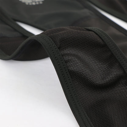 Netted smooth straps. Men's black magnetic buckle bib leggings. CAS Feel the Freedom.