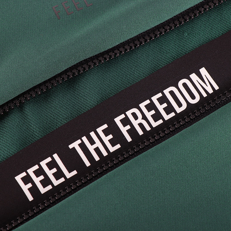 High collar, black YKK zip on men's green long sleeve thermal jersey. Feel the Freedom hidden message.