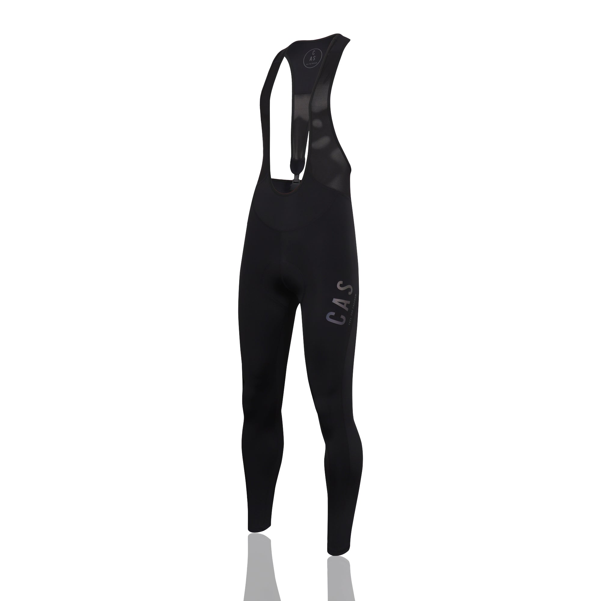 Men's black magnetic buckle bib leggings. CAS Feel the Freedom reflective logo. 