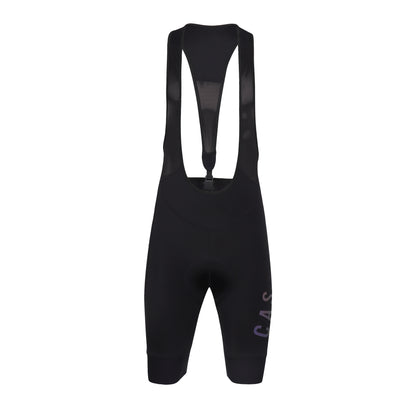 Men's black magnetic snap buckle bib shorts. CAS Feel the freedom grey to colourful reflective logo.