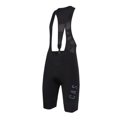 Men's black magnetic snap buckle bib shorts. CAS Feel the freedom grey to colourful reflective logo.