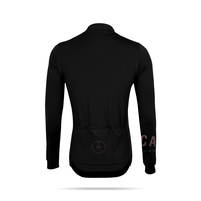 CAS Feel the Freedom men's black long sleeve thermal jersey. Grey to colourful reflective logo. Jersey back pockets.