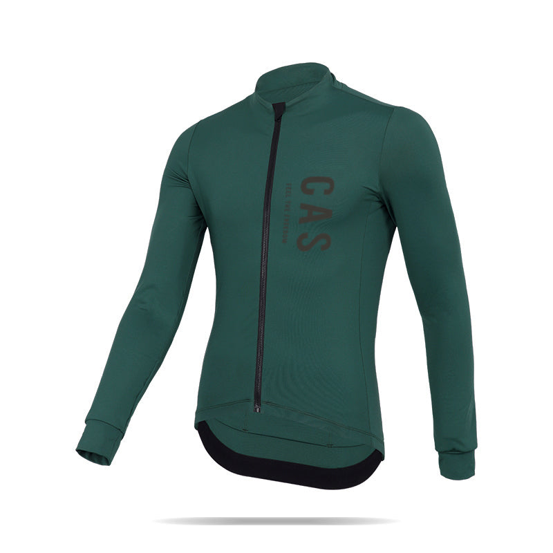 Men's green long sleeve thermal jersey. Winter collection. CAS Feel the Freedom grey to colourful reflective logo.