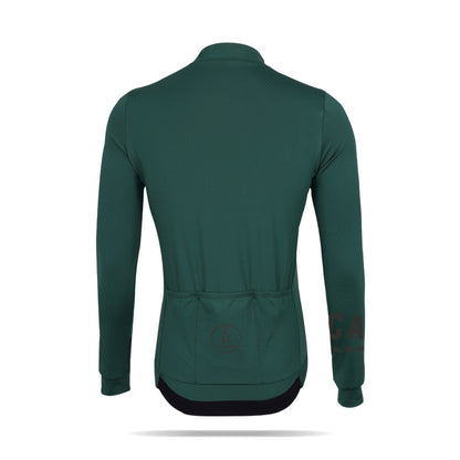 3 back pockets and zip pocket. Men's green long sleeve thermal jersey. Winter collection. CAS Feel the Freedom grey to colourful reflective logo.