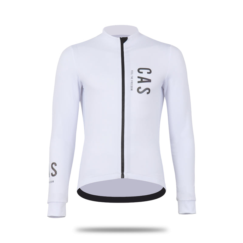 Men's white long sleeve thermal jersey. Full YKK Zip, black to colourful reflective CAS Feel the Freedom logos. 