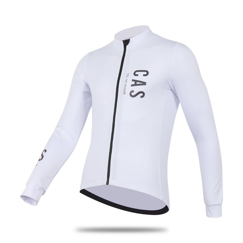 Men's white long sleeve thermal jersey. Full YKK Zip, black to colourful reflective CAS Feel the Freedom logos. 