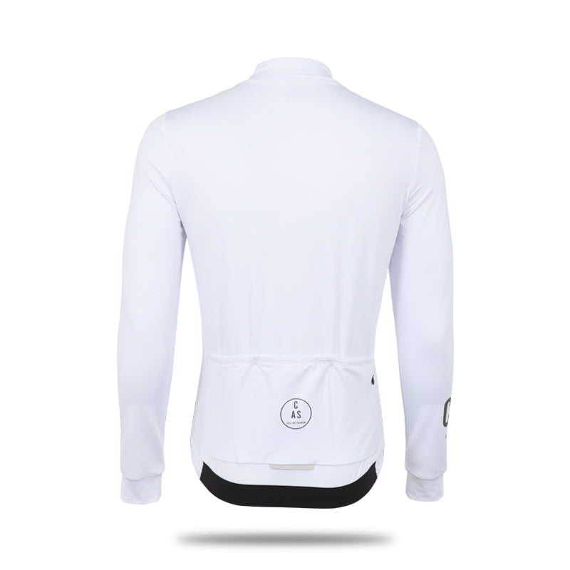 Rear of Men's white long sleeve thermal jersey. Full YKK Zip, black to colourful reflective CAS Feel the Freedom logos. Back three pockets.